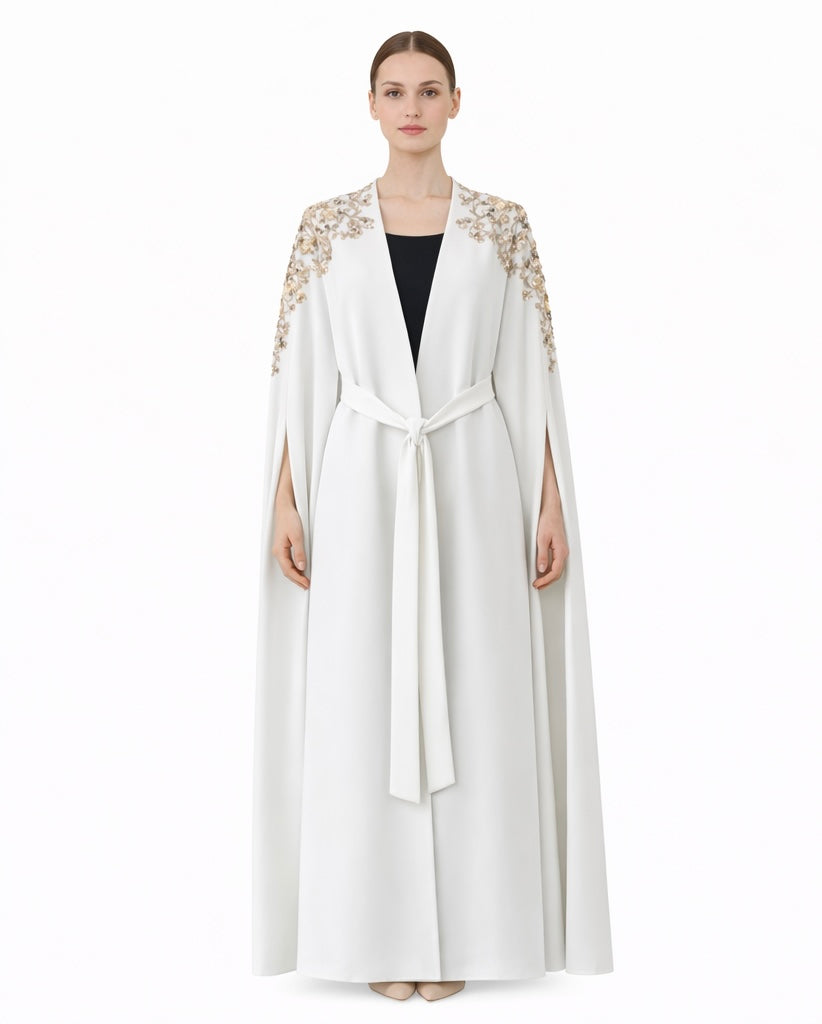 Ivory Embellished Cape Abaya with Hand-Beaded Shoulders