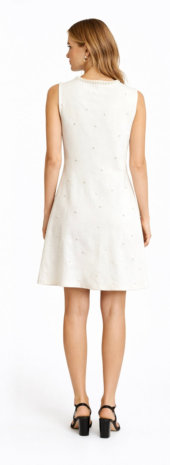 Pearl Detail Ivory A-Line Dress