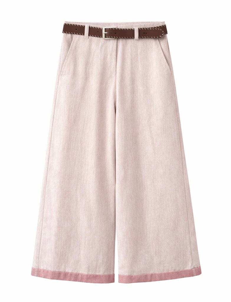 Wide-Leg Trousers with Belt - Butter yellow , pink , light blue