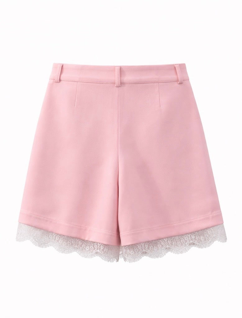Chic White Lace Detail Shorts - Pink , White