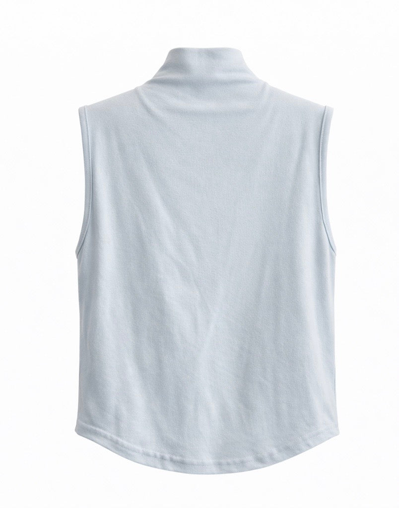 Slim Fit Cropped Mock Neck Top with Brooch Detail – Light Blue