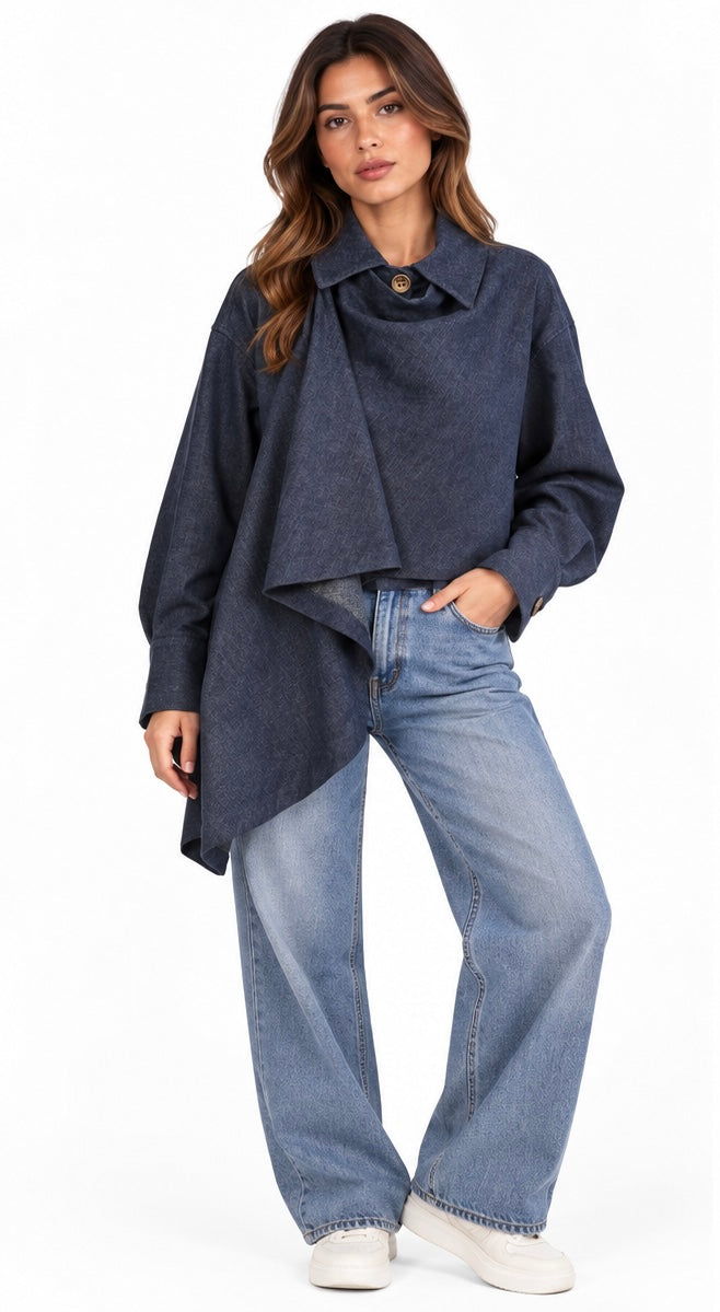 Asymmetric Draped Button Top ( Wine , Navy )