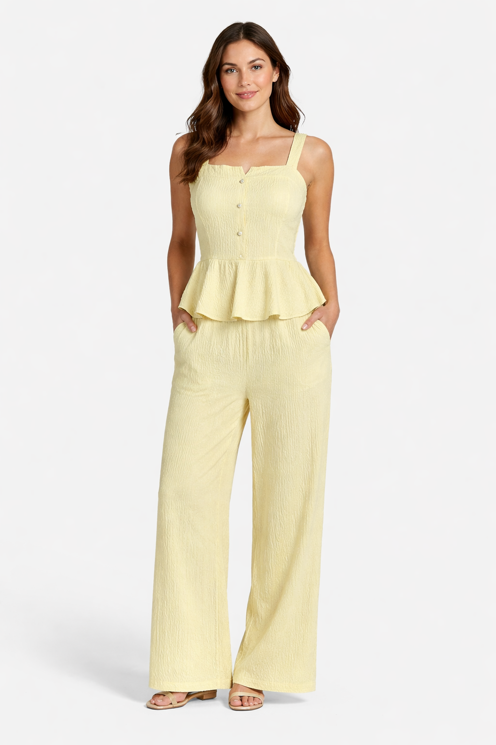 Textured Peplum Co-Ord Set – White , yellow , Pink