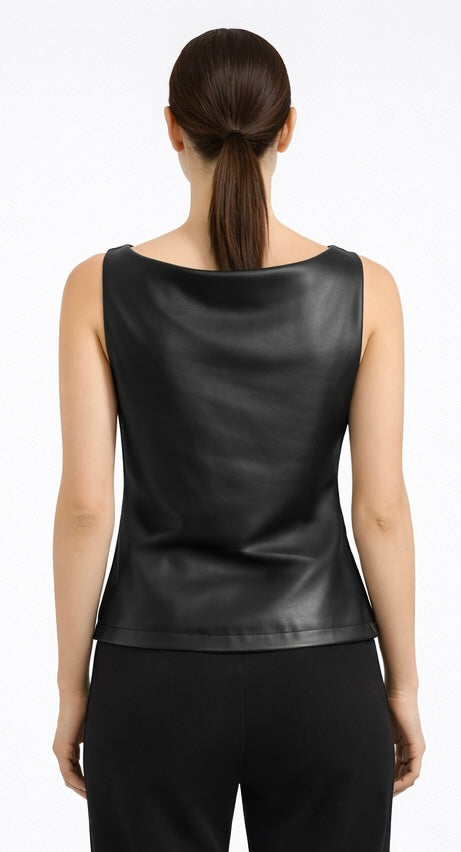 Asymmetric Cowl Neck Faux Leather Top – Black
