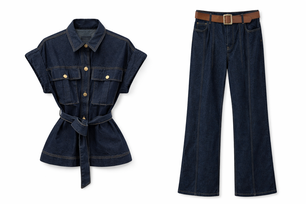 Belted Denim Shirt & Wide-Leg Pants Set