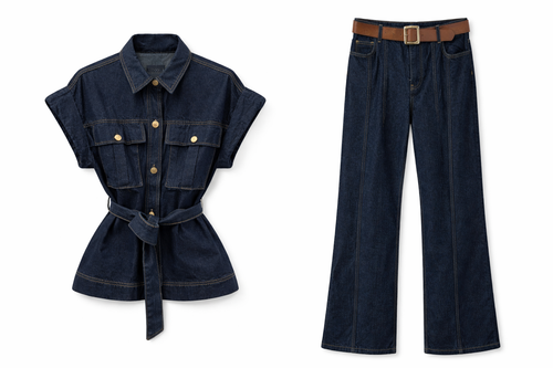 Belted Denim Shirt & Wide-Leg Pants Set