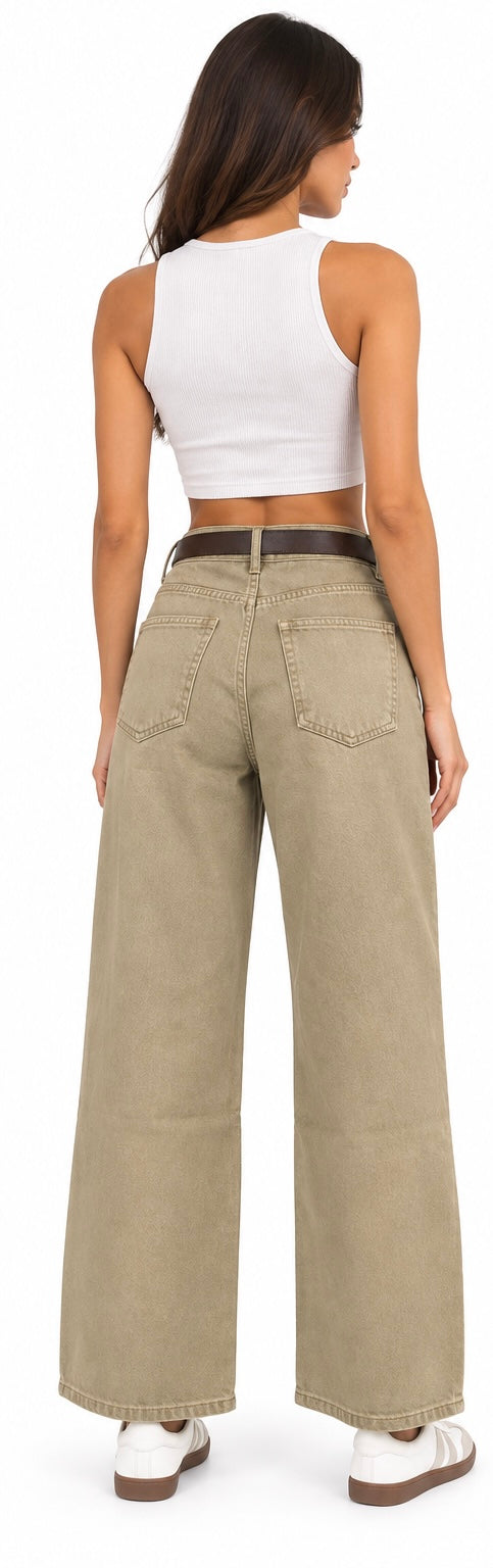 HighWaisted WideLeg Khaki Jeans