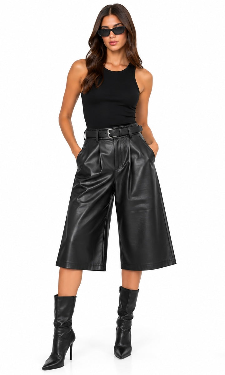 Belted Leather-Look Bermuda Shorts ( Brown , Black )