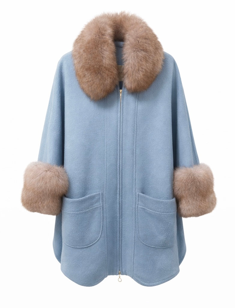 Blue Statement Alpaca Coat with Real Fox Fur