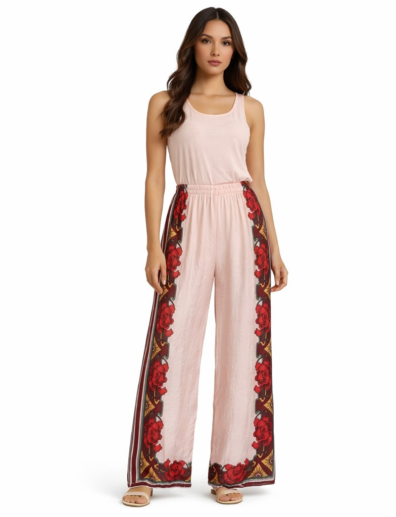 Linen Blush Pink Floral Palazzo Pants