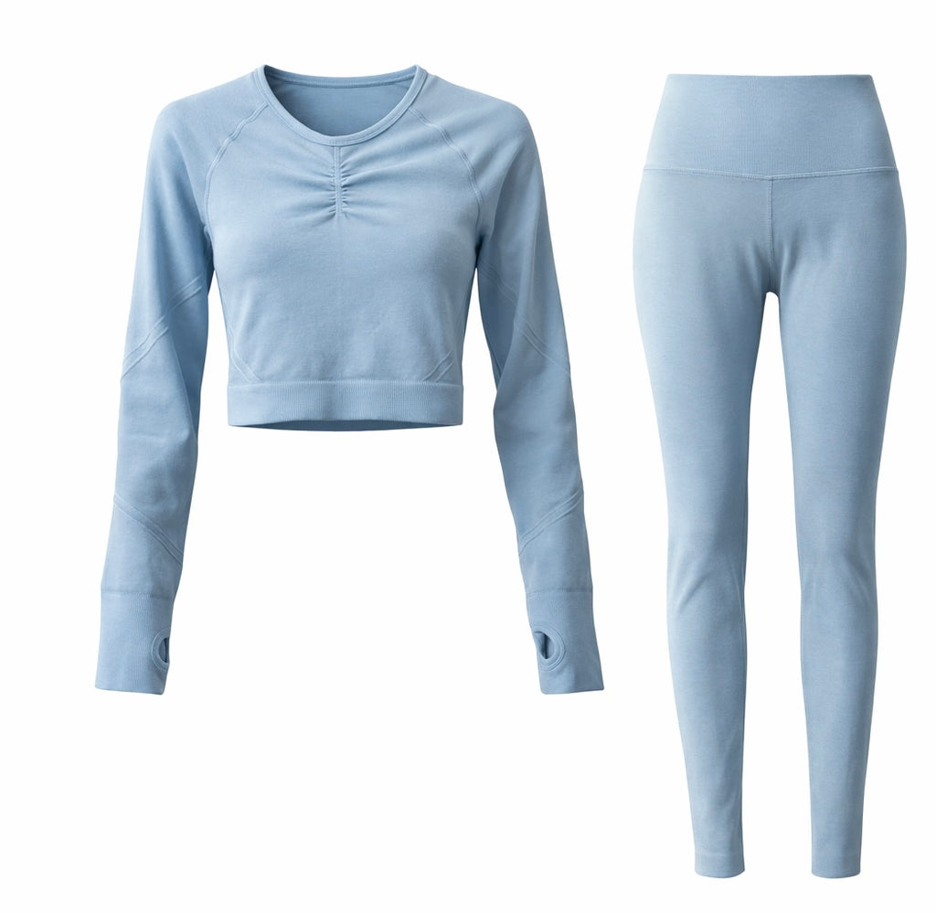 Slim-Fit Long Sleeve Top with Full-Length Leggings Sky Blue