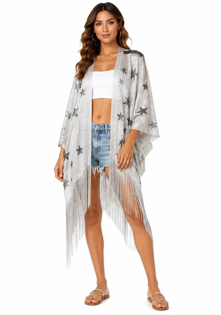 Golden Star Fringe Kimono ( Gold , Silver , Beige )