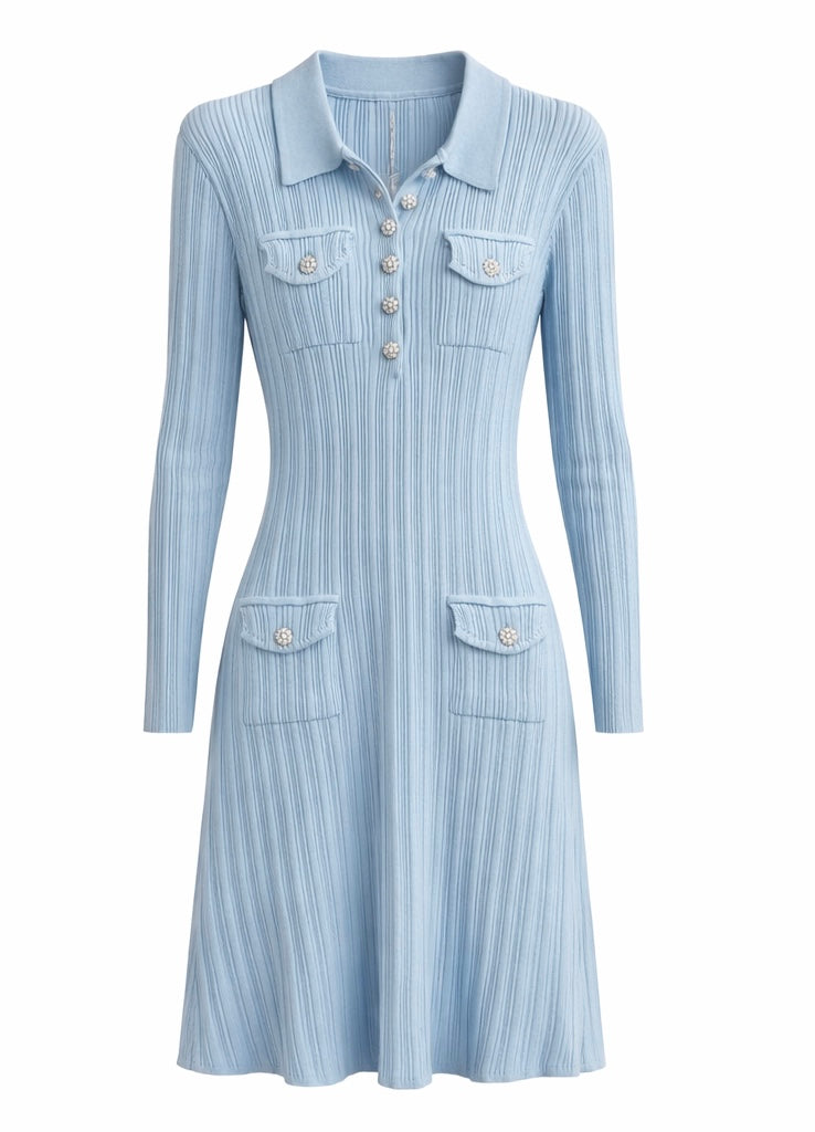 Light Blue Collared Ribbed Knit Dress with Pearl Buttons