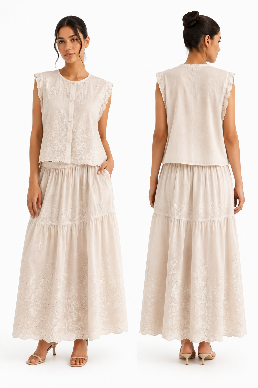 Élise Embroidered Set ( white , Beige )