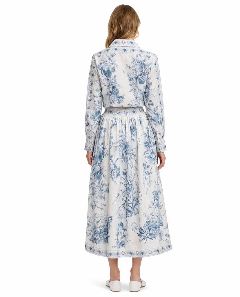 Elegant Blue Toile Print Shirt and Skirt Set