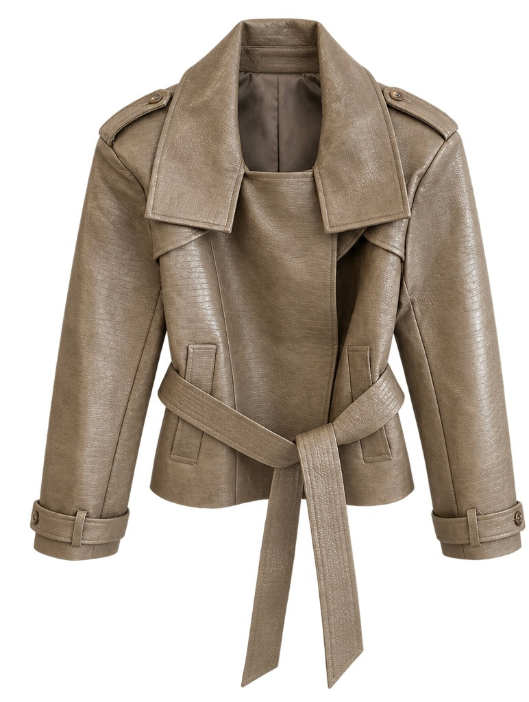 Croc-Embossed Belted Leather Jacket