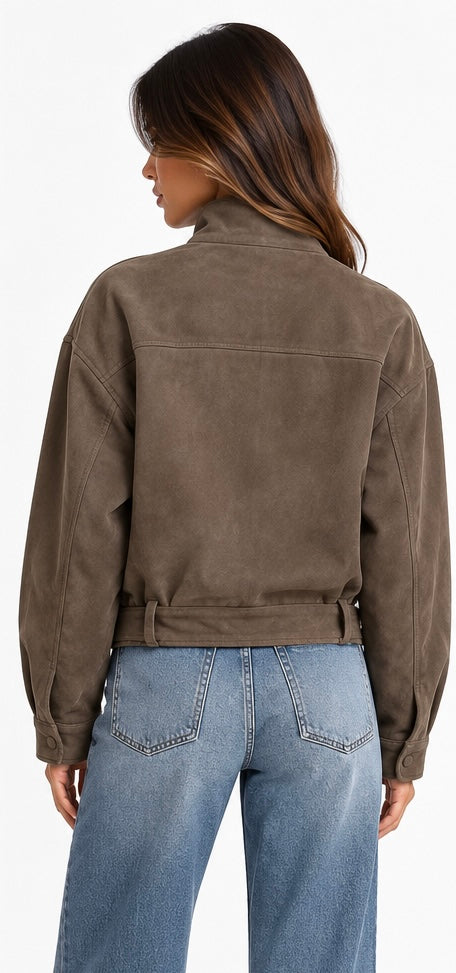 Embellished Suede Belted Jacket ( Brown , Olive , Beige )