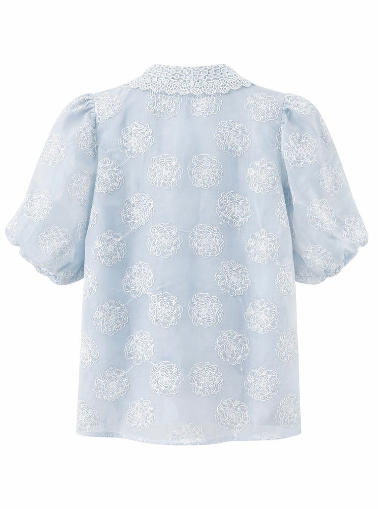 Embroidered Lace Collar Blouse - Pink , Sky blue