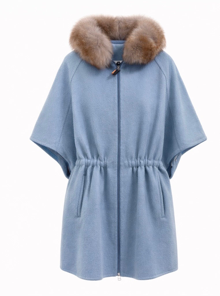 Elegant Ice Blue Alpaca Blend Fur Hooded Cape