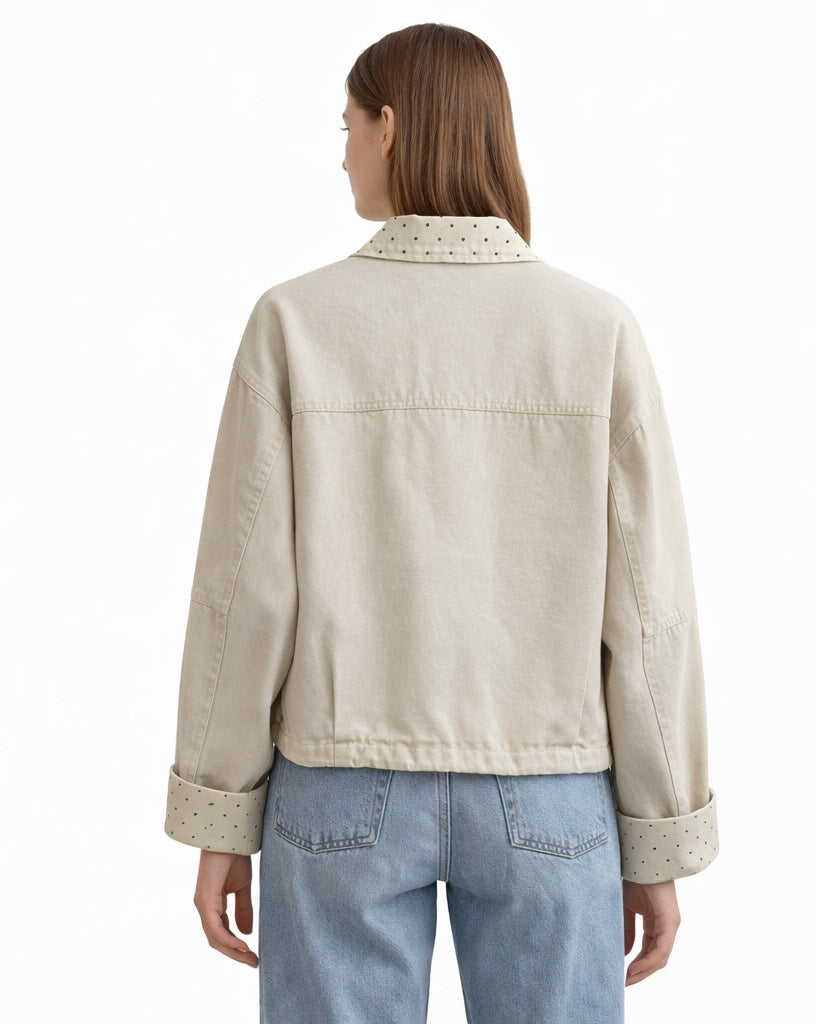 Casual Beige Zip-Up Jacket with Polka Dot