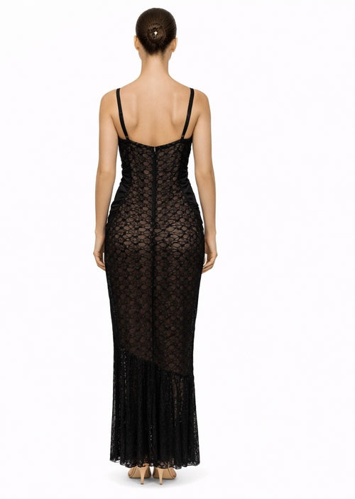 Black Lace & Ruched Slim-Fit Evening Dress
