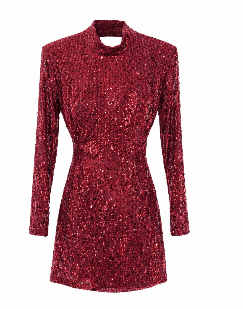Red Sequin High-Neck Backless Mini Dress