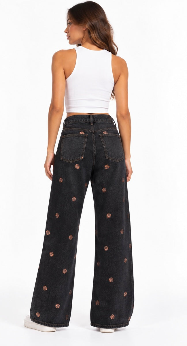 Sequin  Polka Wide-Leg Jeans