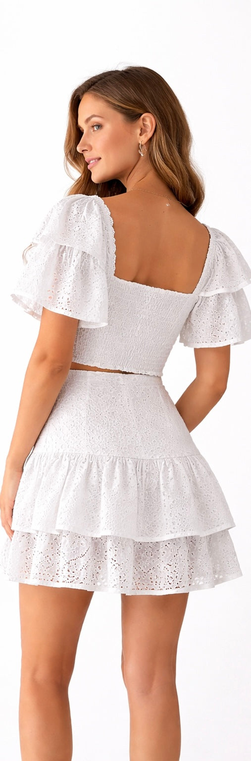 Embroidered Crop Top and Skirt Set - Black - White