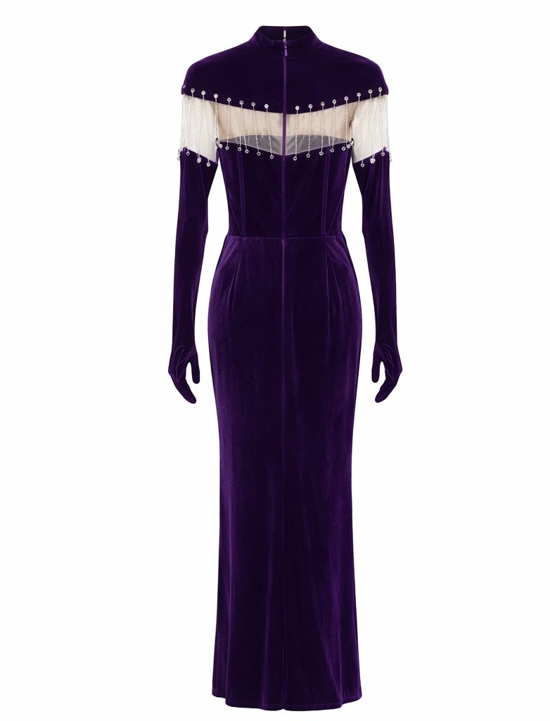 Purple Velvet Slim-Fit Gown with Crystal Fringe