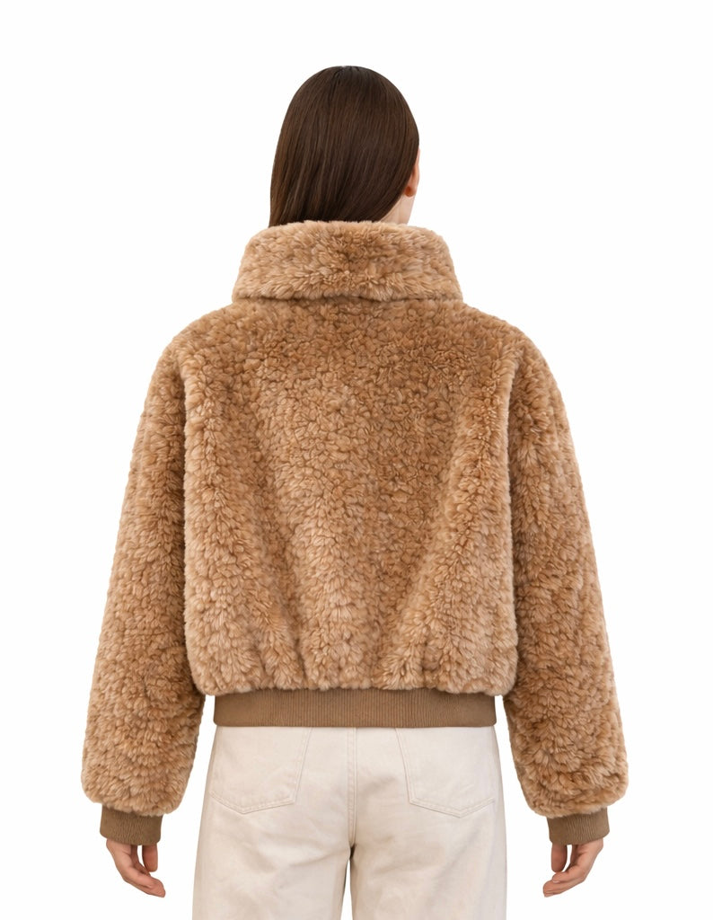 Faux Shearling Zip-Up Jacket with High Funnel Neck