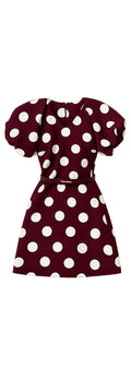 Burgundy Polka Dot Puff Sleeve Mini Dress