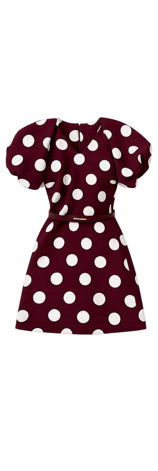 Burgundy Polka Dot Puff Sleeve Mini Dress