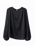 Elegant Black Satin Balloon Sleeve Blouse