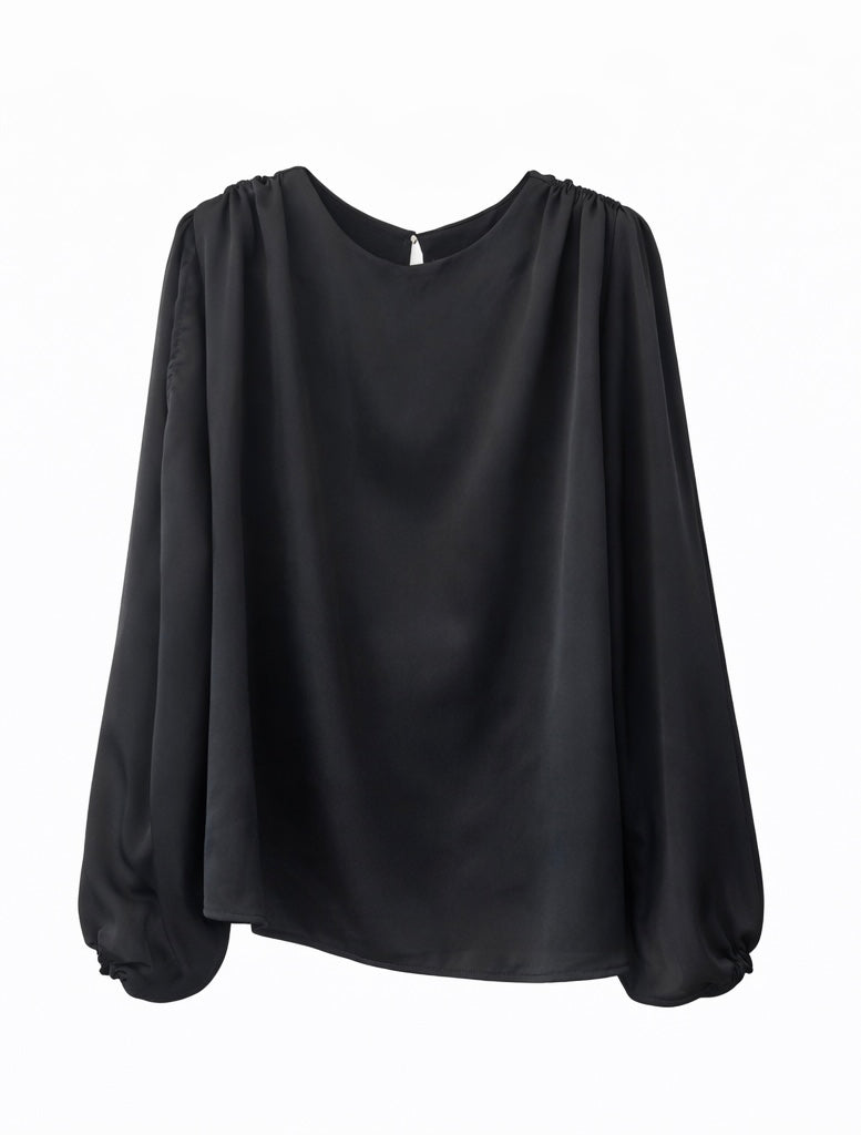 Elegant Black Satin Balloon Sleeve Blouse
