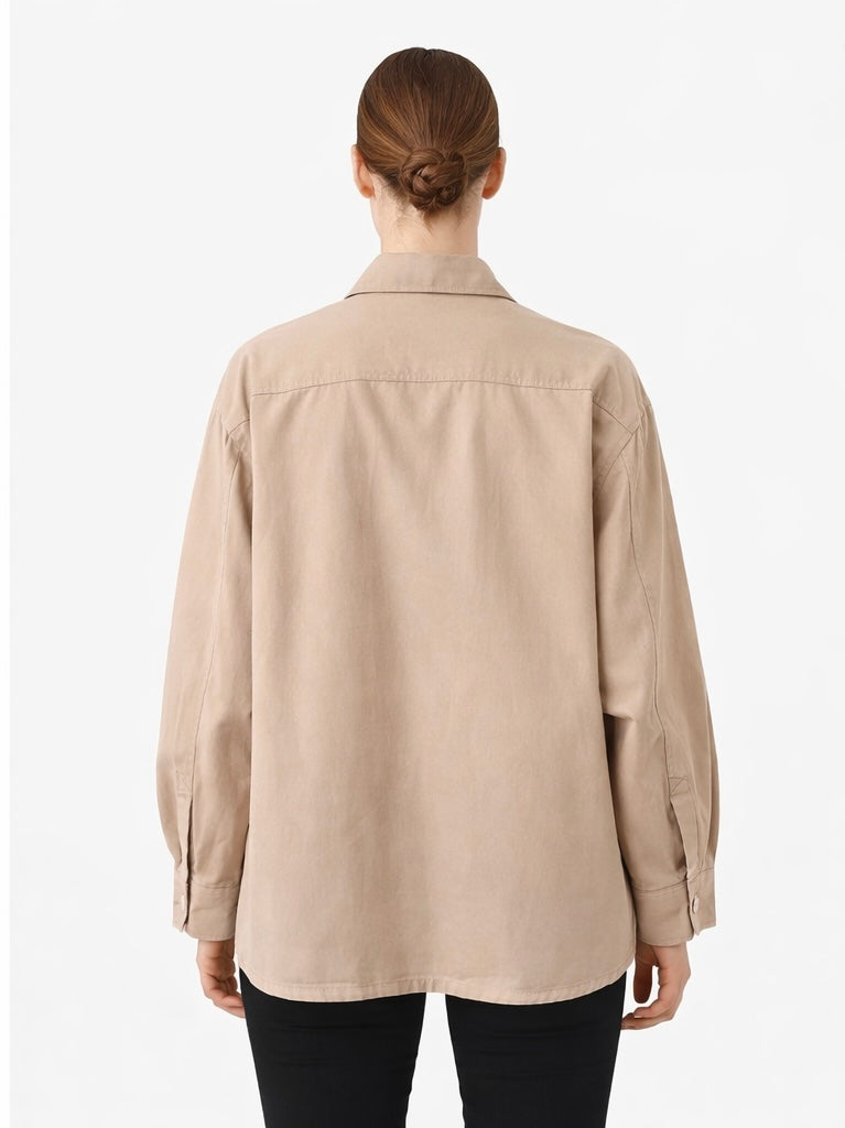 Embellished Utility Shirt Jacket - khaki , Beige