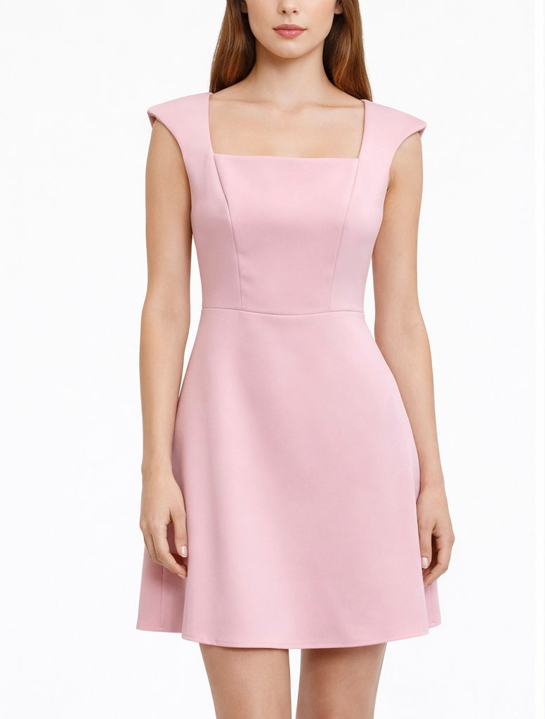 Structured Square Neck Mini Dress - Black , Pink