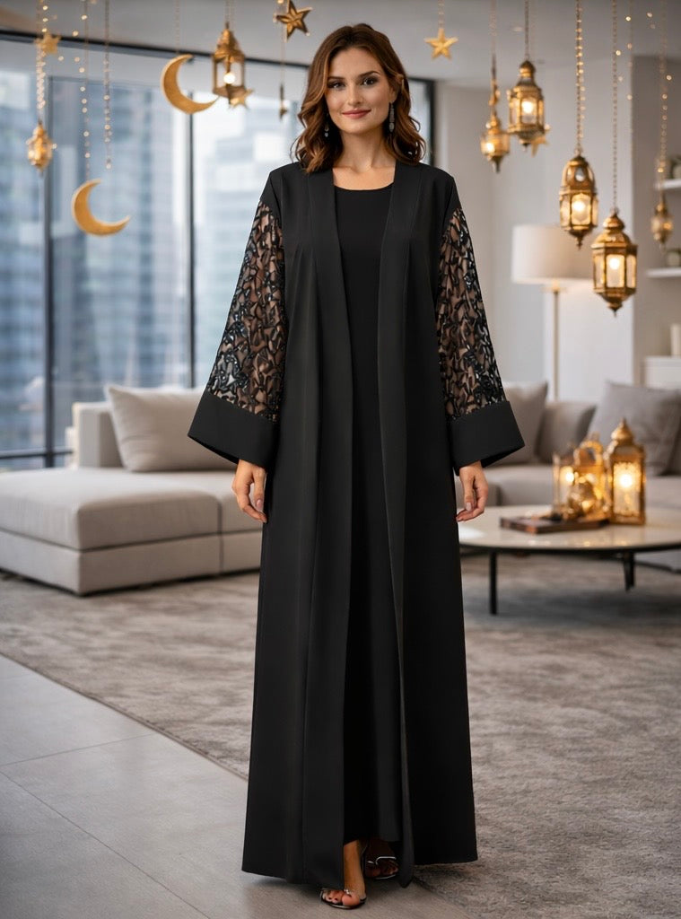 Luxury Black Open Abaya with Intricate Lace Sleeve Detailing