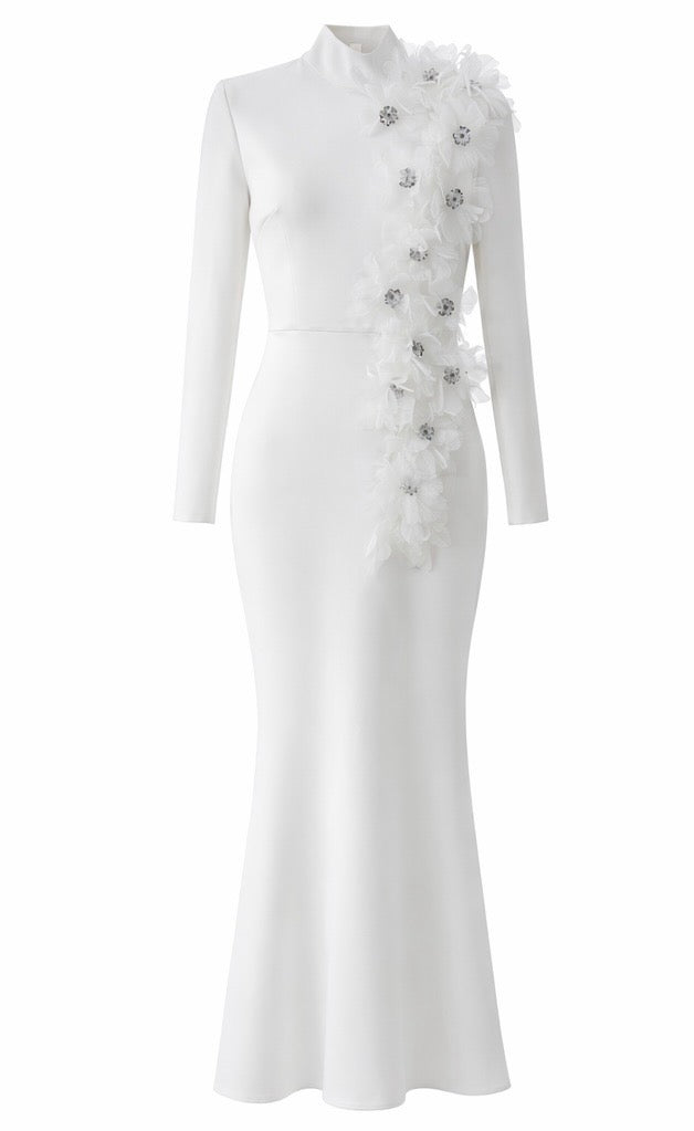 Luxe White Floral Detail Bandage Dress