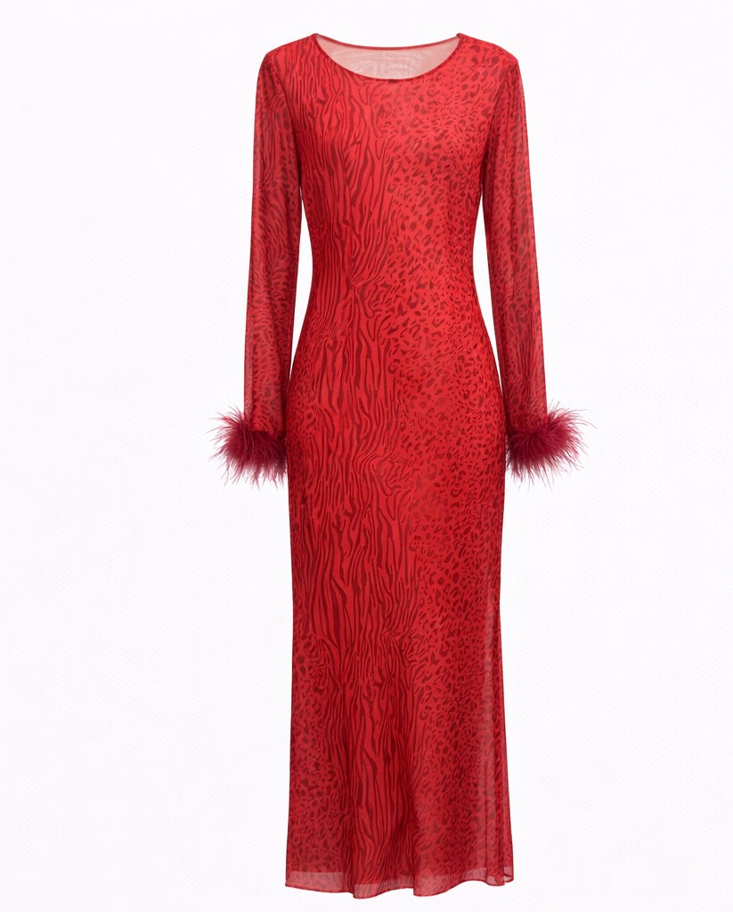 Red Animal Print Open-Back Maxi Dress with Feather Cuffs