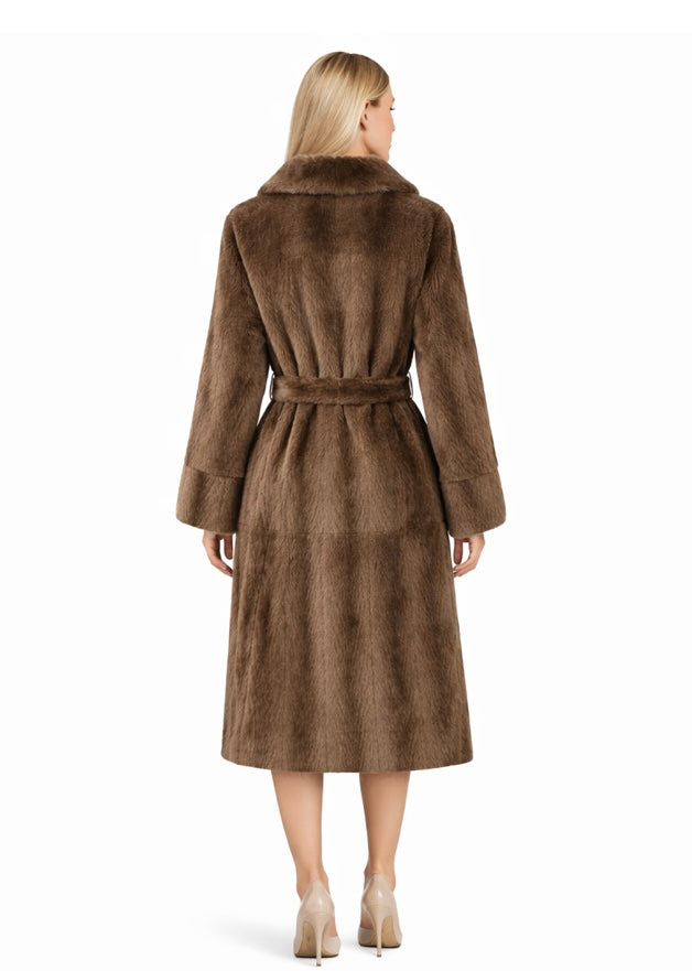 Tailored Eco Fur Coat with Belt Brown
