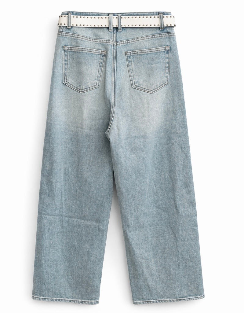 Vintage Blue Wide-Leg Jeans with Studded Belt