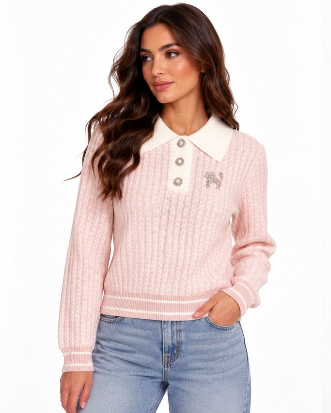 Cat Pearl Detail Polo Sweater