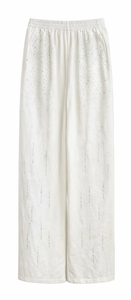 White Rhinestone Button-Up Shirt & Palazzo Pant Set