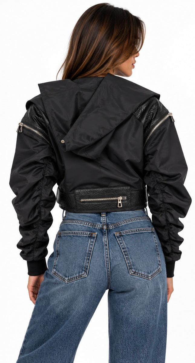 Hooded Cropped Biker Jacket ( Brown , Black )