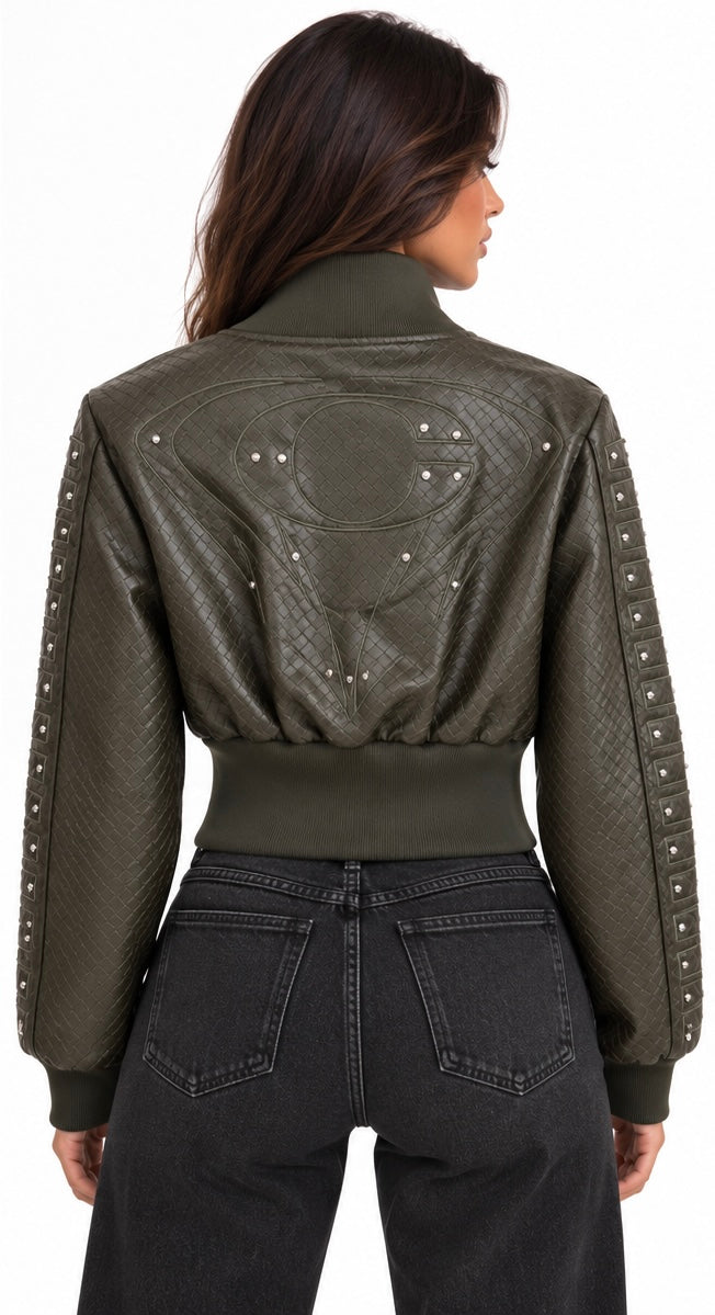 Studded Textured Leather Bomber Jacket( Olive , Burgundy )