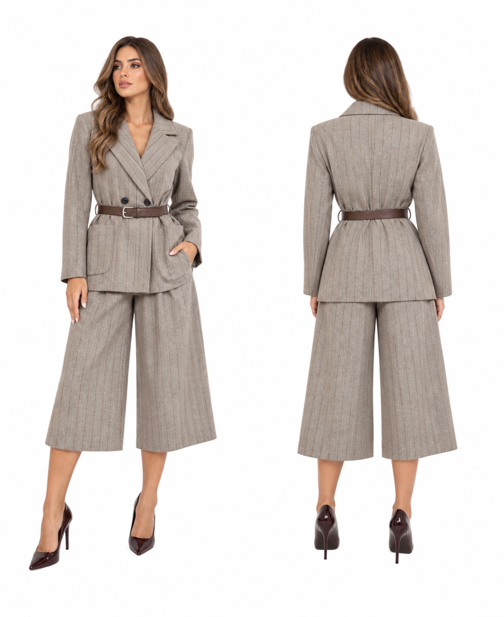 Tailored Pinstripe Belted Blazer & Culotte Set ( Burgundy , Greige )