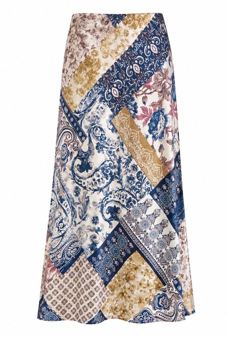 Printed Silk skirt ( Blue , Pink , Green )