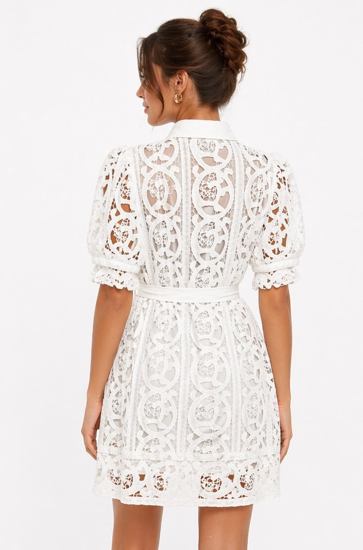 Elegant White Lace Dress with Puff Sleeves and Waist Tie