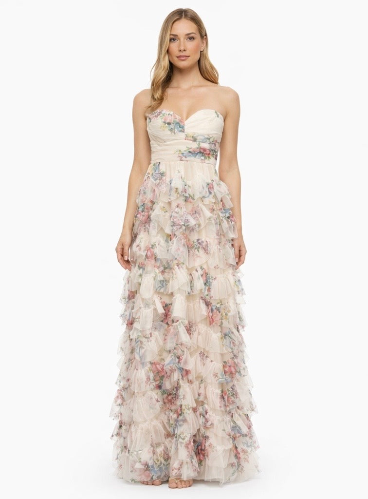Strapless Floral Ruffle Maxi Dress