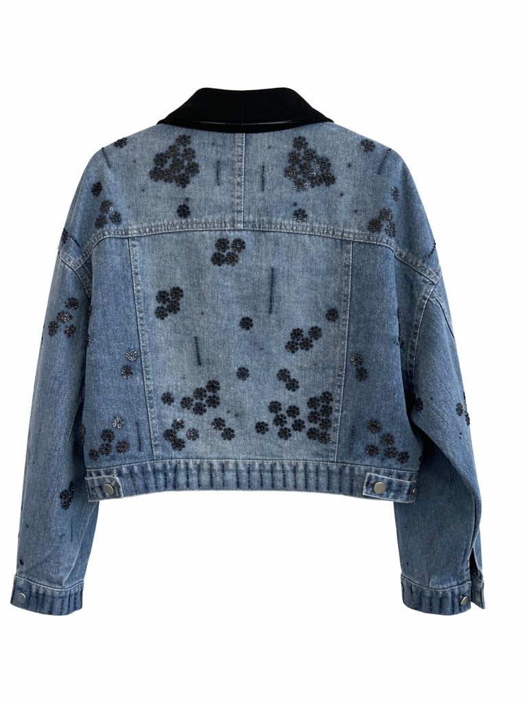 Embellished Denim Jacket with Faux velvet  Collar